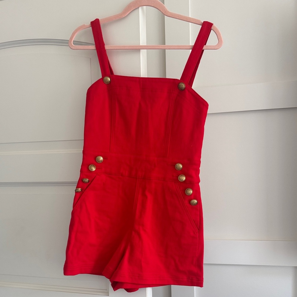 Alice + Olivia Jeans collection / red denim romper with Gold Buttons size 27 NWT